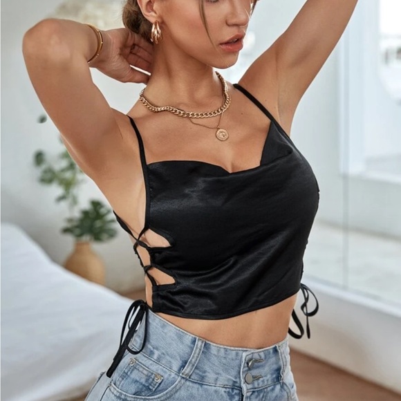 Satin Draped Front Lace Up Side Cami Top S - Picture 6 of 6